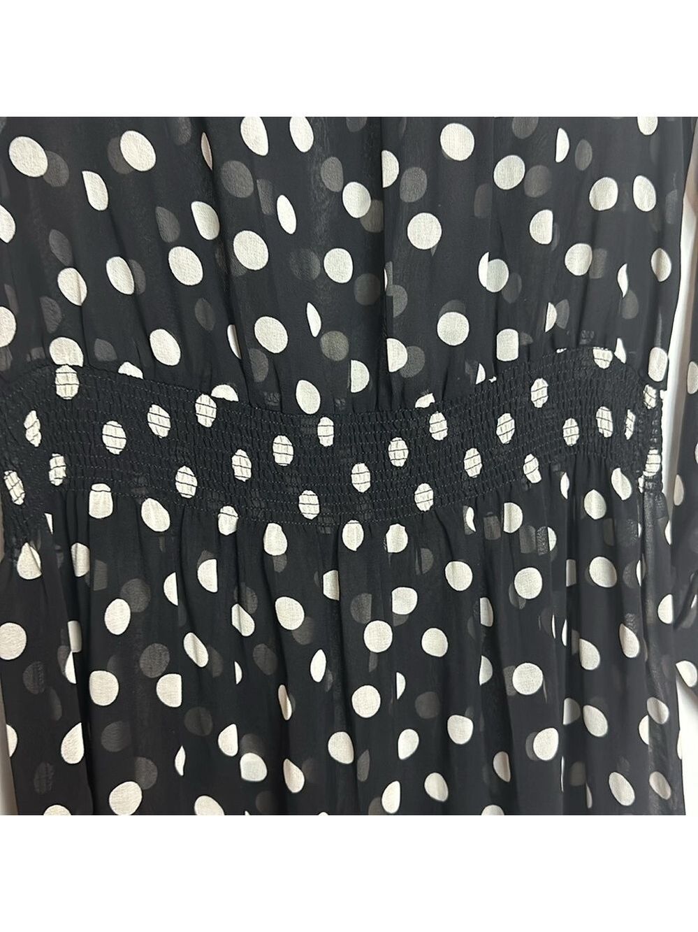Olivaceous Polka Dot Smocked Waist Sheer Dress with Black Under Slip - Picture 8 of 14
